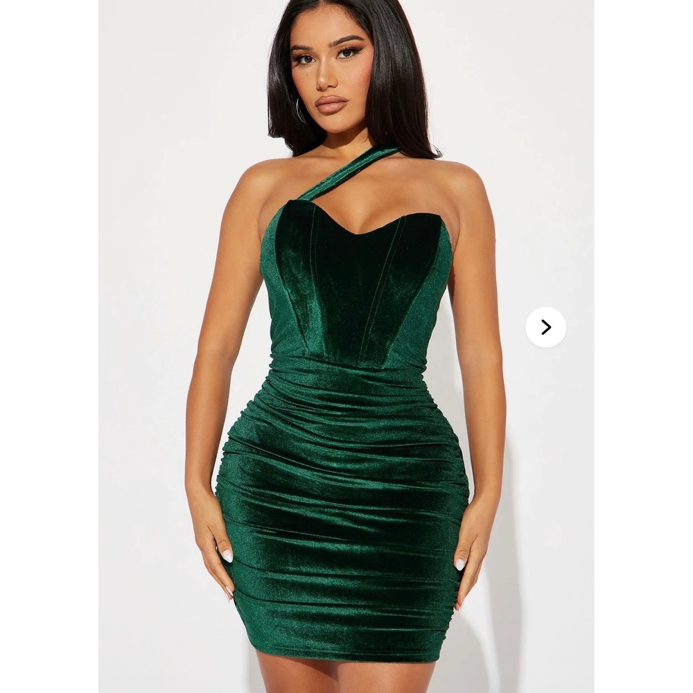 Green Juliet Velvet Mini Dress Women Small Asymmetrical Strap Holiday Party Club